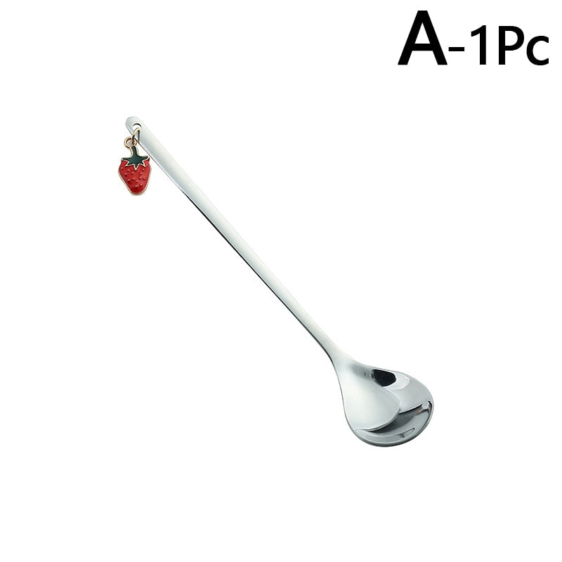 Stainless Steel Spoons Stirring Spoon with Fruit Pendant Coffee Mixing Spoon Dessert Spoon Table Decor Party Gift Kitchen Tool