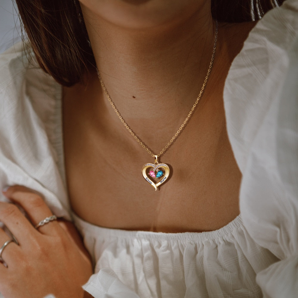 Custom Engraved Heart Pendant Necklace: Personalized Name Necklace with 2 Birthstones in Gold, Rose Gold, or Silver - Meaningful Gift