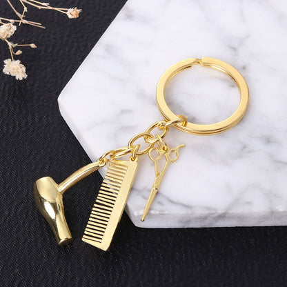 Chic Stylist's Delight Key Chain: Unique Hair Dryer Scissor Comb Pendant Key Ring for Fashion-Forward Individuals