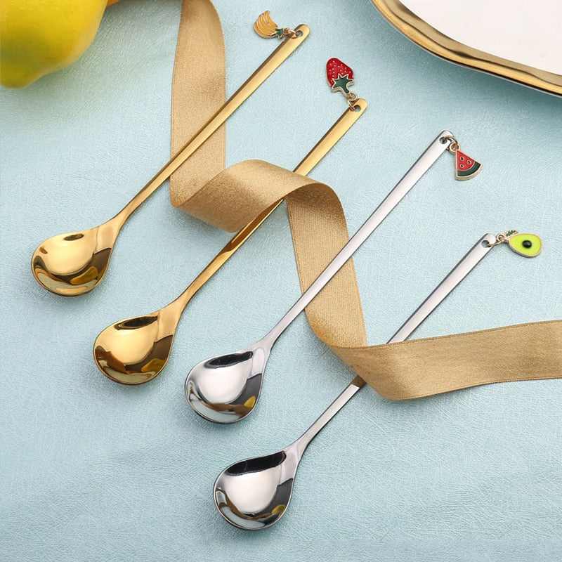 Stainless Steel Spoons Stirring Spoon with Fruit Pendant Coffee Mixing Spoon Dessert Spoon Table Decor Party Gift Kitchen Tool