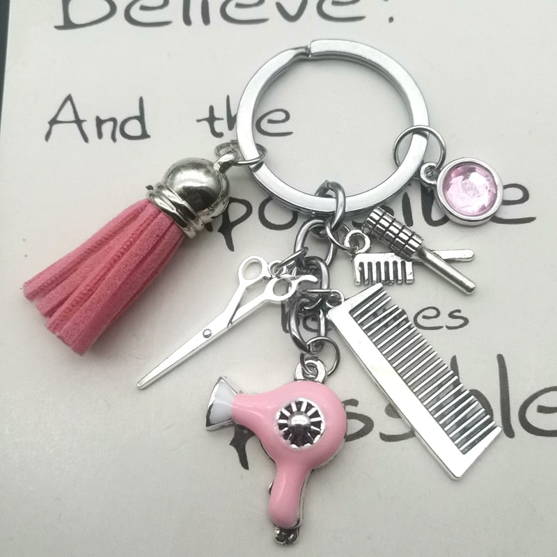 Hairstyle Gift Keychain with Mini Hairdressing Scissors, Hair Dryer, and Comb