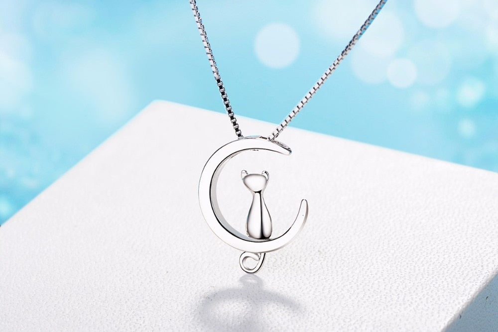 Silver Necklace For Women Moon Kitten Cat Necklaces &amp; Pendants Link Chain Kolye S-n187