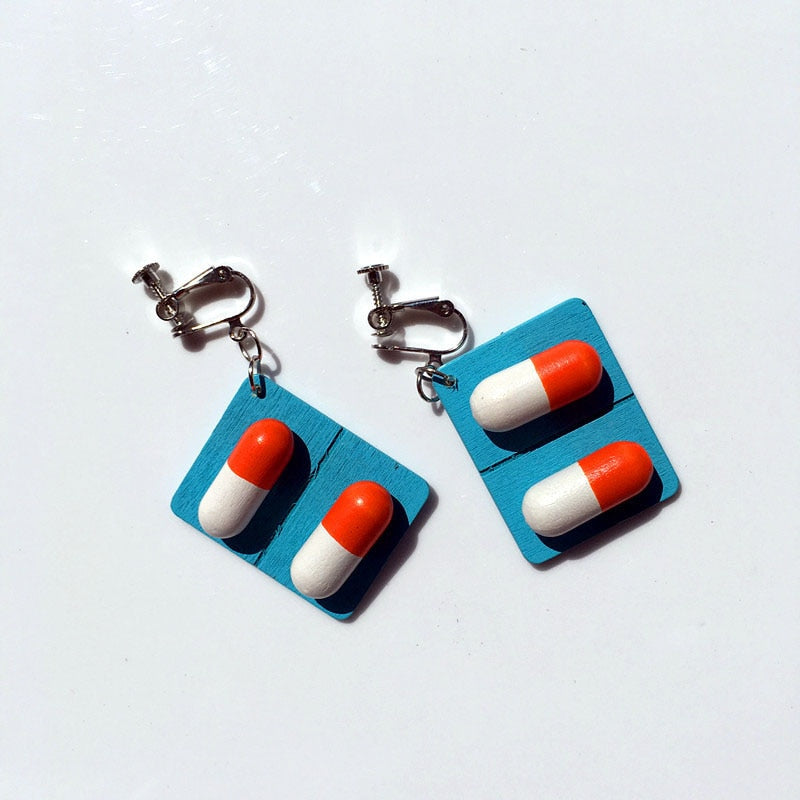 Whimsical Wooden Pill Capsule Earrings: Quirky Fashion for Party-Goers, Teens, and Unique Style Lovers