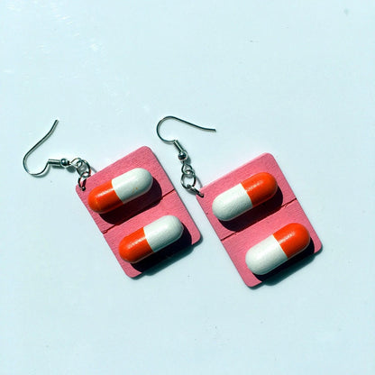 Whimsical Wooden Pill Capsule Earrings: Quirky Fashion for Party-Goers, Teens, and Unique Style Lovers