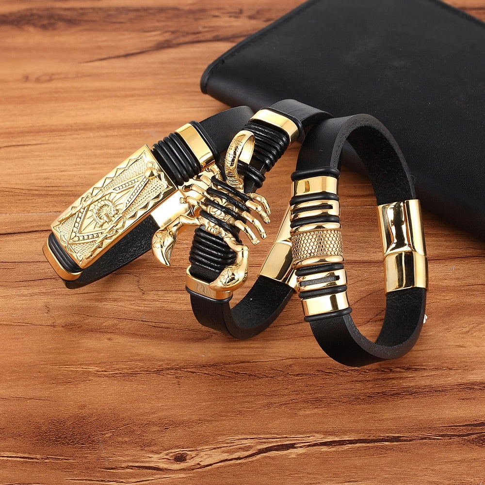 Savage Sting: Bold Leather and Stainless Steel Scorpion Bracelet for Men, Fashionably Rugged Cuff Bangle Gift