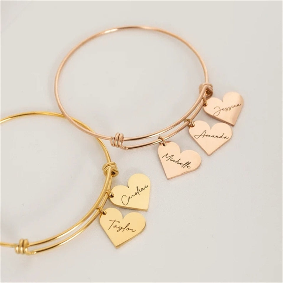 Personalized Heart Bracelet for Women: Custom Engraved Adjustable Bangle with 1-6 Names - Stainless Steel Mama Jewelry Gift