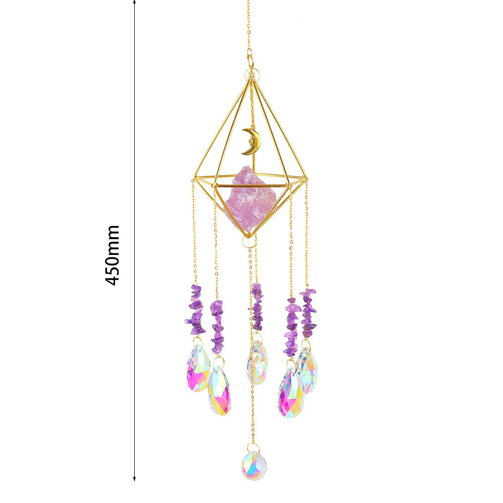 Metal Crystal Wind Chimes - Natural Stone Hexagon Prisms for Radiant Sun Catchers