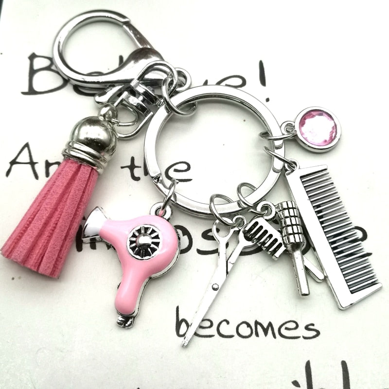 Hairstyle Gift Keychain with Mini Hairdressing Scissors, Hair Dryer, and Comb