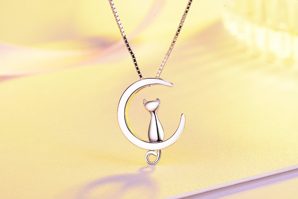 Silver Necklace For Women Moon Kitten Cat Necklaces &amp; Pendants Link Chain Kolye S-n187