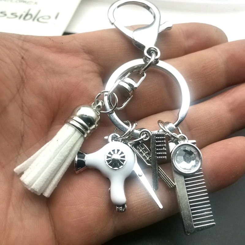 Hairstyle Gift Keychain with Mini Hairdressing Scissors, Hair Dryer, and Comb