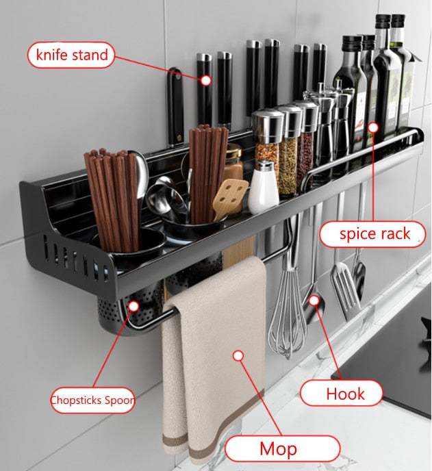 Multifunctional Aluminum Wall-Mounted Kitchen Spice Rack and Utensil Organizer