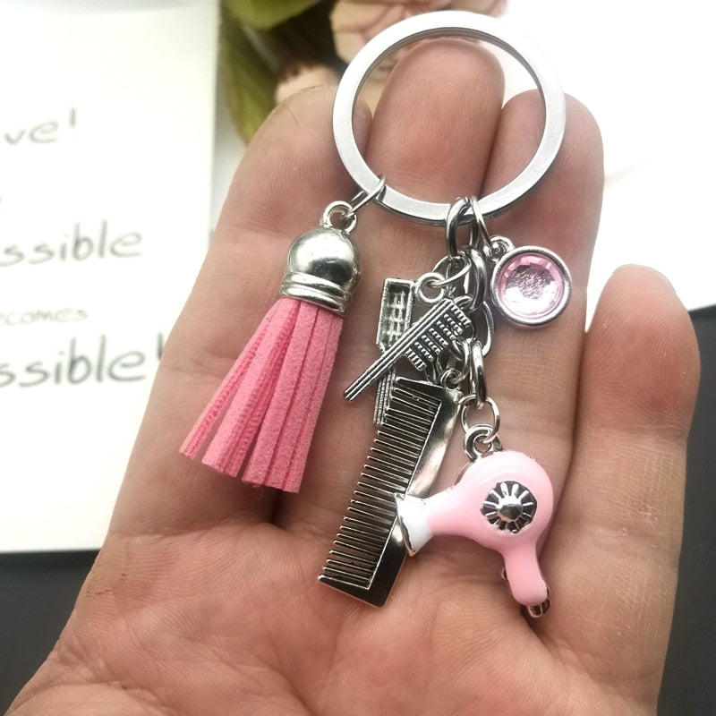 Hairstyle Gift Keychain with Mini Hairdressing Scissors, Hair Dryer, and Comb