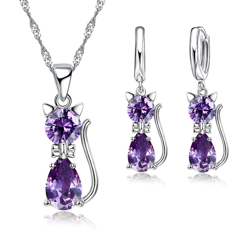 Silver Cute Cat Crystal Necklace Earrings Jewelry Sets For Women Girls Party Best Friend Gift Fashion Jewelry