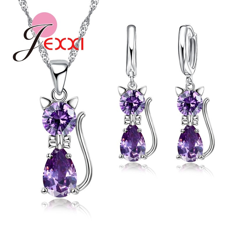 Silver Cute Cat Crystal Necklace Earrings Jewelry Sets For Women Girls Party Best Friend Gift Fashion Jewelry