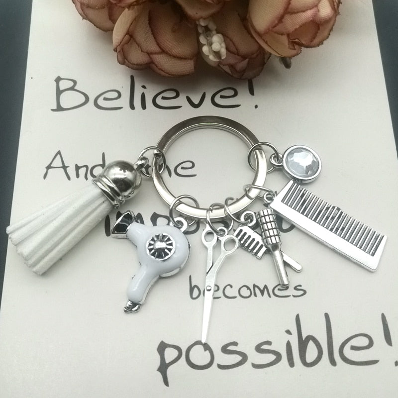 Hairstyle Gift Keychain with Mini Hairdressing Scissors, Hair Dryer, and Comb