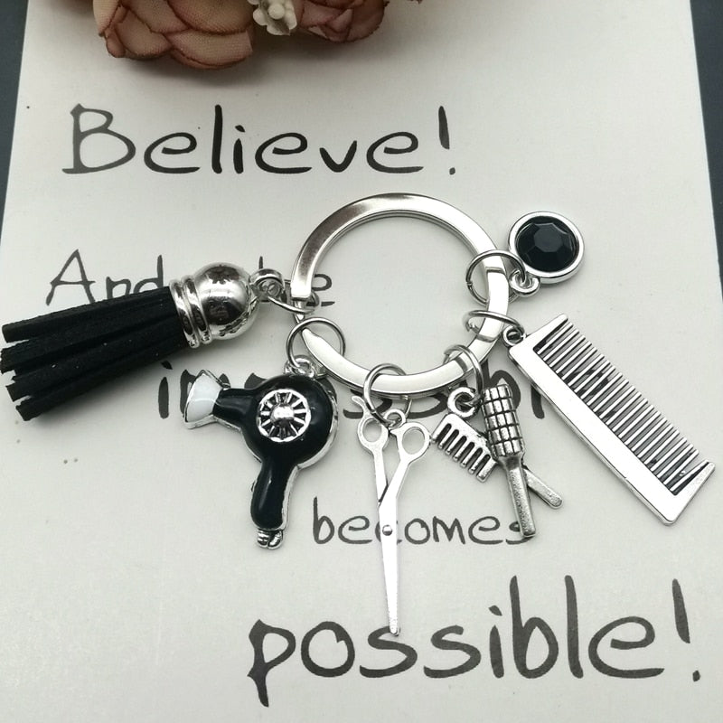 Hairstyle Gift Keychain with Mini Hairdressing Scissors, Hair Dryer, and Comb