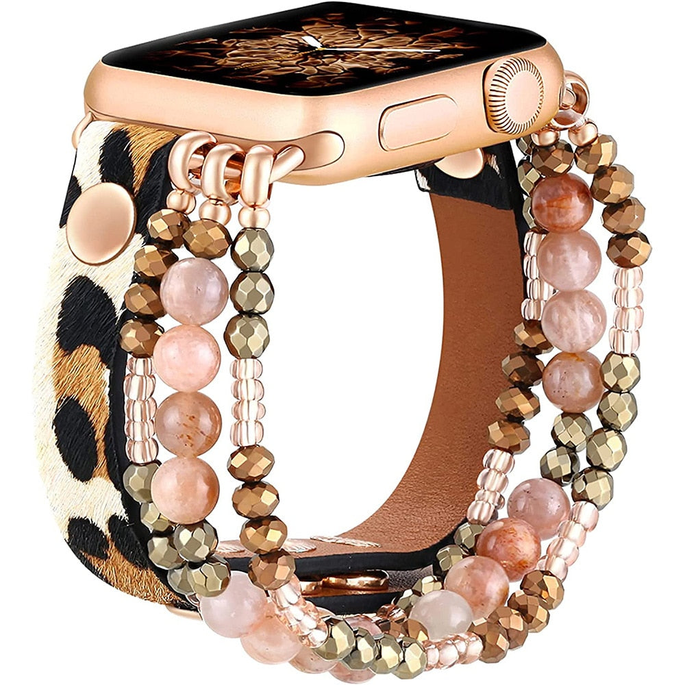 Apple Watch Elegant Beaded Leather Bracelet Elastic Band for Women