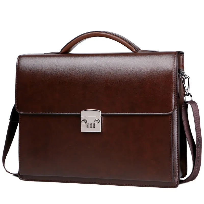 Stylish PU Leather Laptop Business Bag with Password Lock Professional Men's Diagonal Briefcase