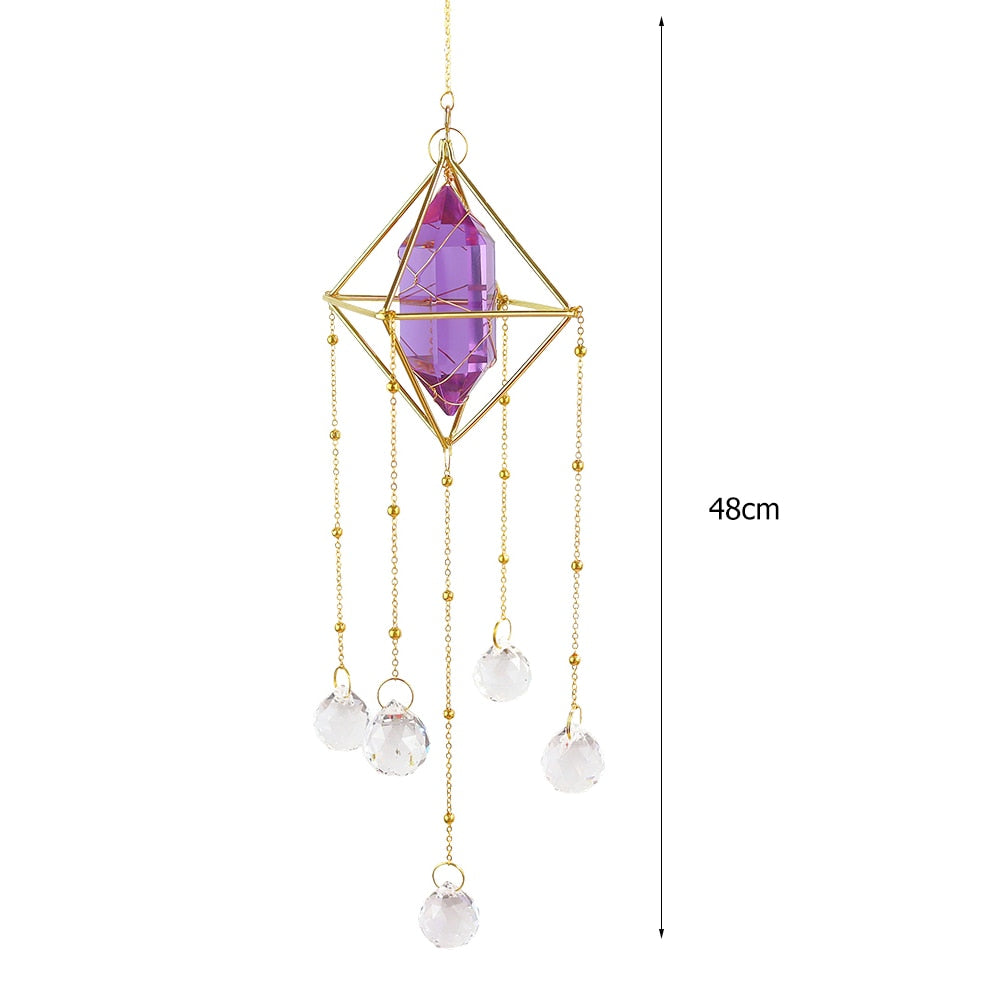 Metal Crystal Wind Chimes - Natural Stone Hexagon Prisms for Radiant Sun Catchers