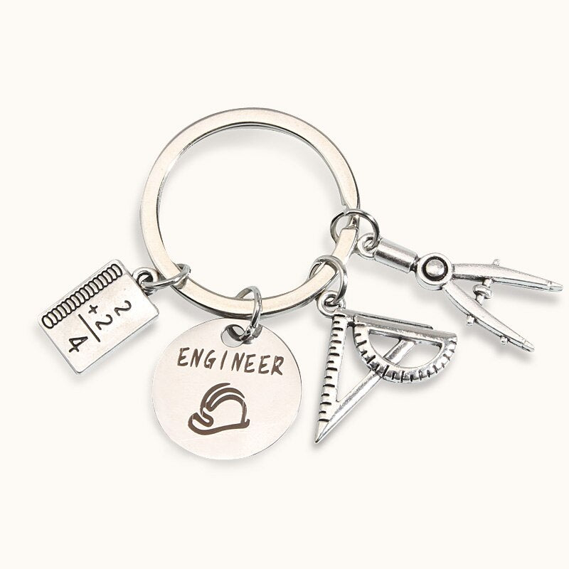 Engineer Keychain with Book Ruler Compasses Architect Key Chains