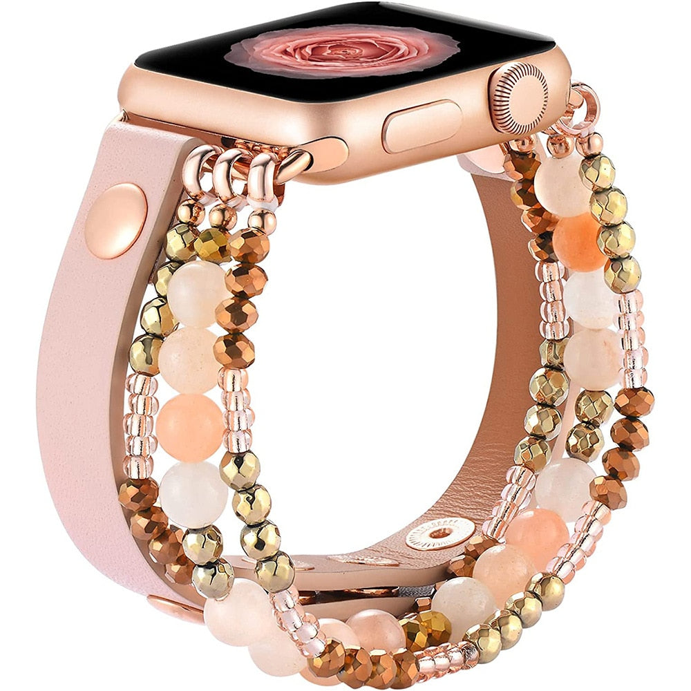 Apple Watch Elegant Beaded Leather Bracelet Elastic Band for Women