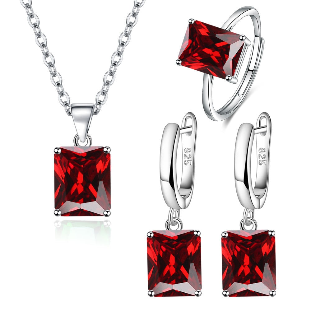 Elegant 925 Sterling Silver Rectangle Geometry Zircon Jewelry Set for Women - Ring, Earrings, and Necklace