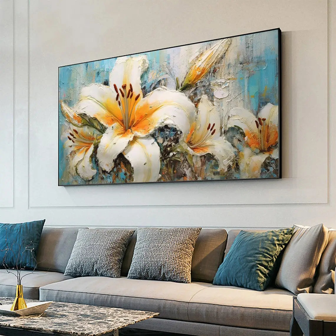 Large Abstract Lily Hand-Painted Floral Oil Painting on Canvas - Original White Landscape Art for Modern Rooms Room Art