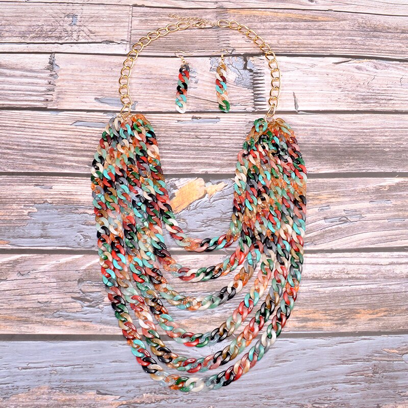 Artisanal Multi-Layered Acrylic Necklace and Earrings Set, Exquisite Ethnic Charm with African Inspired Design