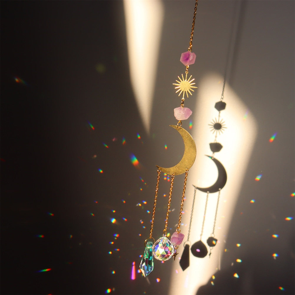 Crystal Sun Catcher Wind Chimes - Star, Moon, and Diamond Prisms for Captivating Rainbow Displays