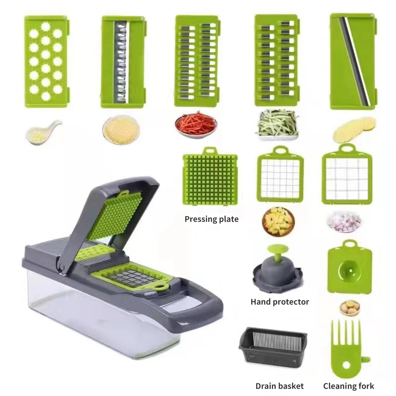 Vegetables Slicer 13 in 1 Multi-function Kitchen Tool - Slice, Dice, Shred, and Grate with Built-in Basket