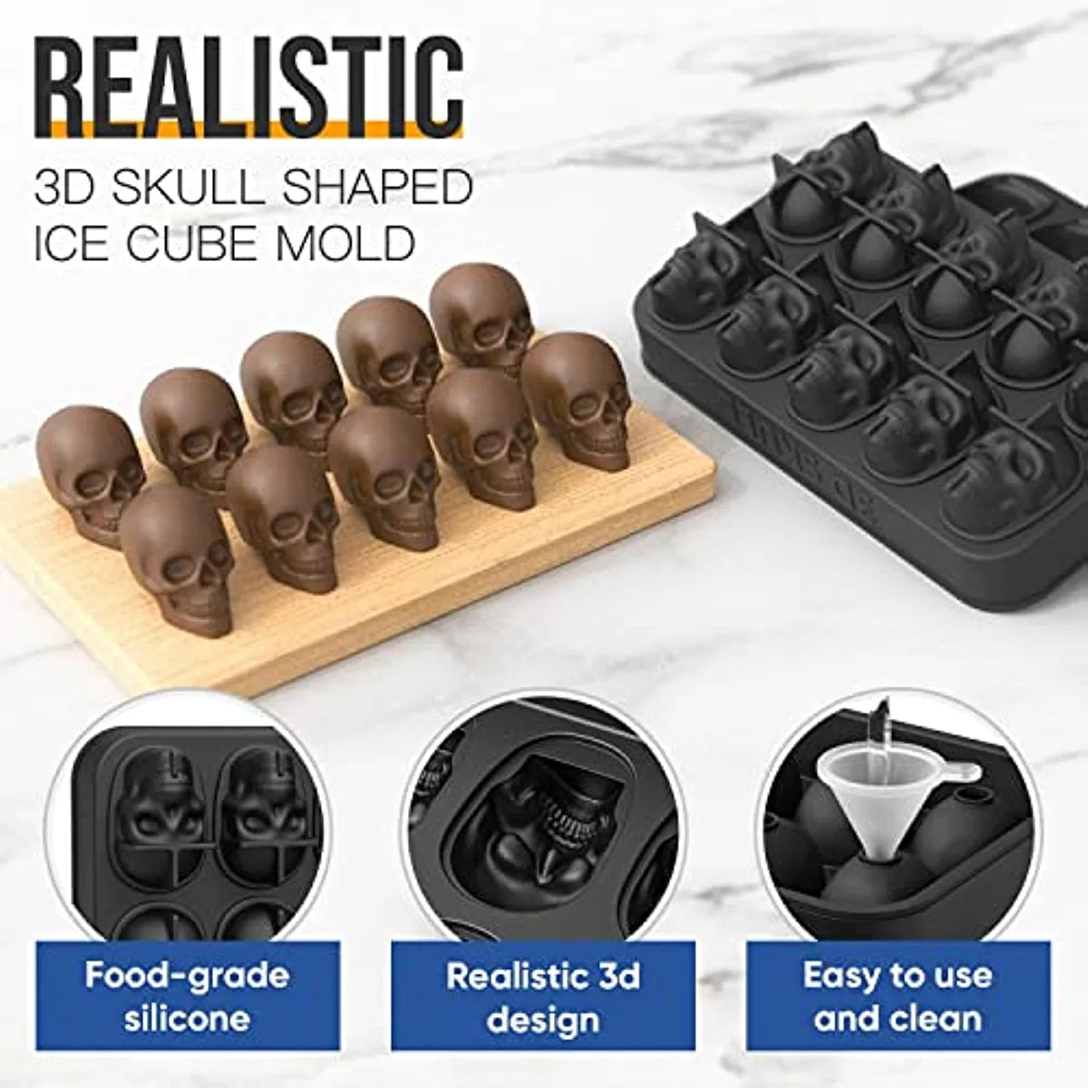 Skulltastic Ice Machine Mold - 10-Cavity Skull Cube Tray with Funnel - Silicone Skull Baking and Chocolate Mold