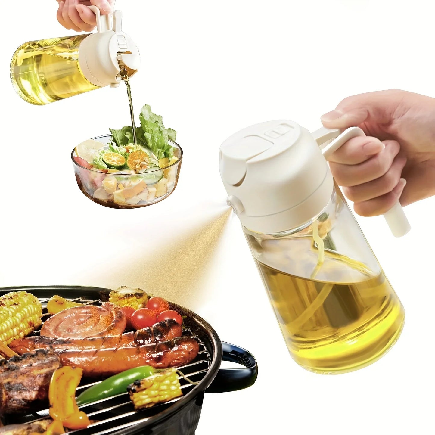 2-in-1 500ml Plastic Spray Oil Bottle Dispenser for BBQ, Kitchen Baking, and Picnic