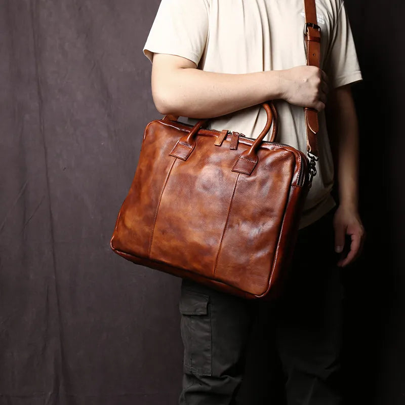 Handcrafted Retro Men's Leather Briefcase Top Layer Cowhide Horizontal Computer Bag