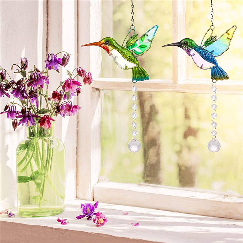 Colorful Crystal Sun Prisms Glass Chandelier Solar Hummingbird Wind Chimes - Vibrant Rainbow Hanging Catcher Ornaments