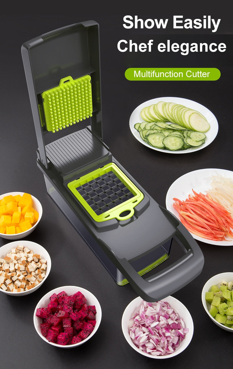 Vegetables Slicer 13 in 1 Multi-function Kitchen Tool - Slice, Dice, Shred, and Grate with Built-in Basket