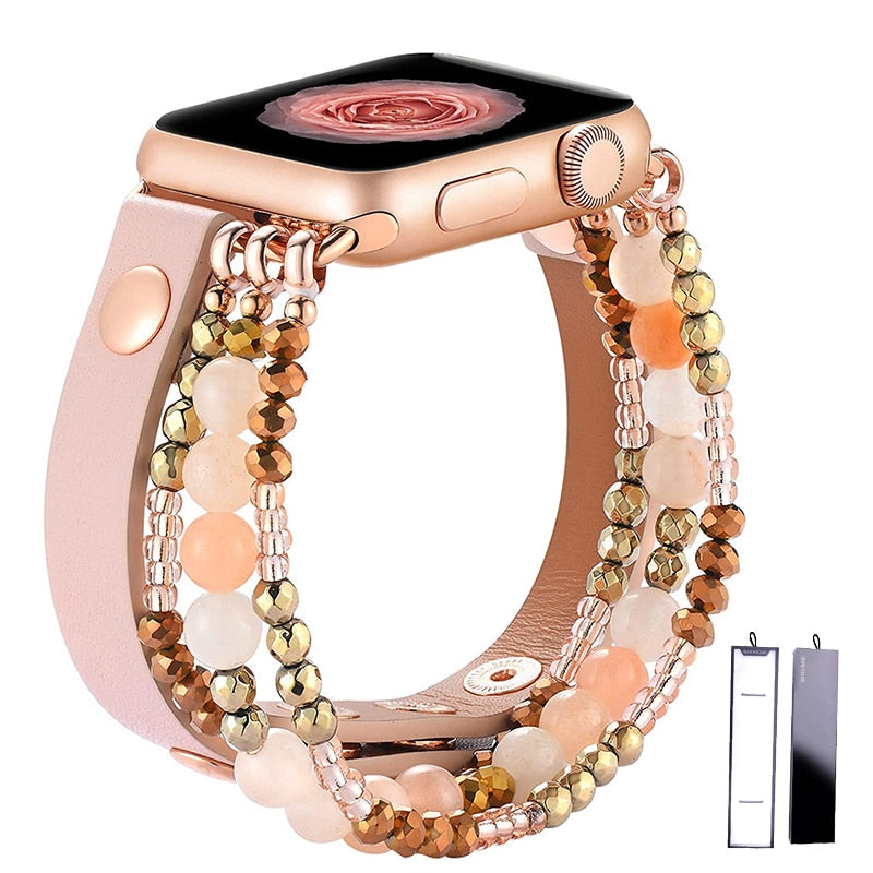 Apple Watch Elegant Beaded Leather Bracelet Elastic Band for Women