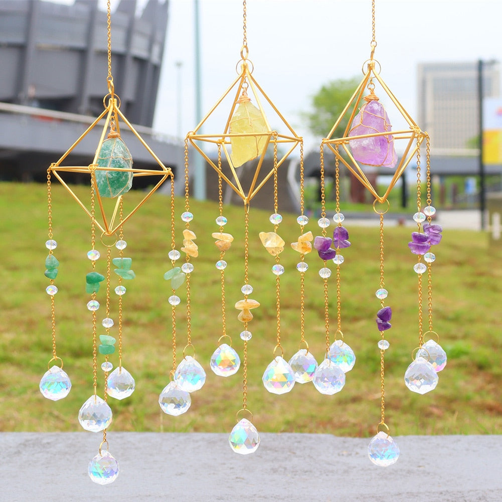 Metal Crystal Wind Chimes - Natural Stone Hexagon Prisms for Radiant Sun Catchers