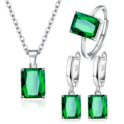 Elegant 925 Sterling Silver Rectangle Geometry Zircon Jewelry Set for Women - Ring, Earrings, and Necklace