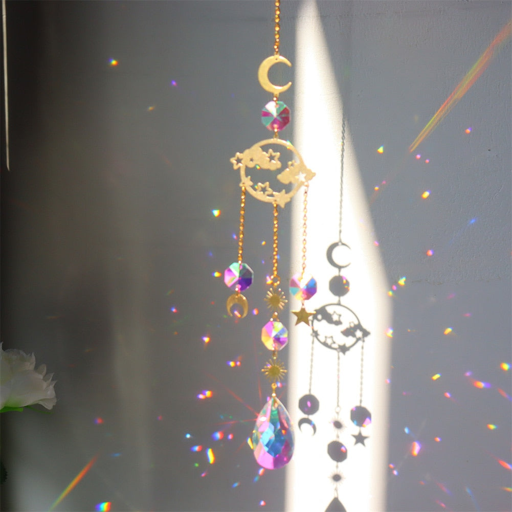 Crystal Sun Catcher Wind Chimes - Star, Moon, and Diamond Prisms for Captivating Rainbow Displays