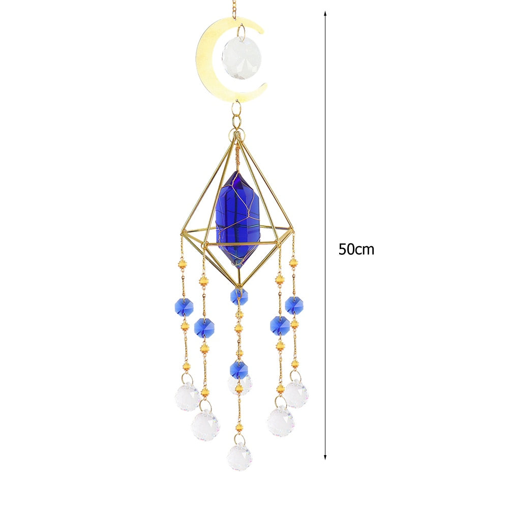 Metal Crystal Wind Chimes - Natural Stone Hexagon Prisms for Radiant Sun Catchers