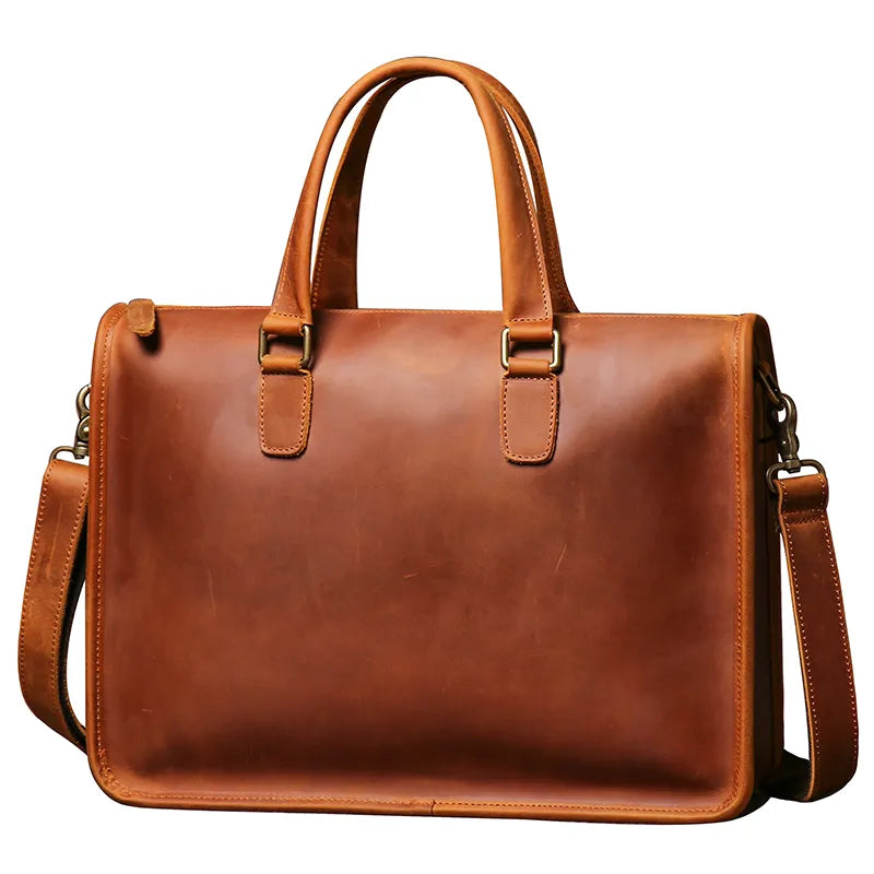 Crazy Horse Leather Men's Briefcase for 14-Inch Laptop - Professional Office Bag