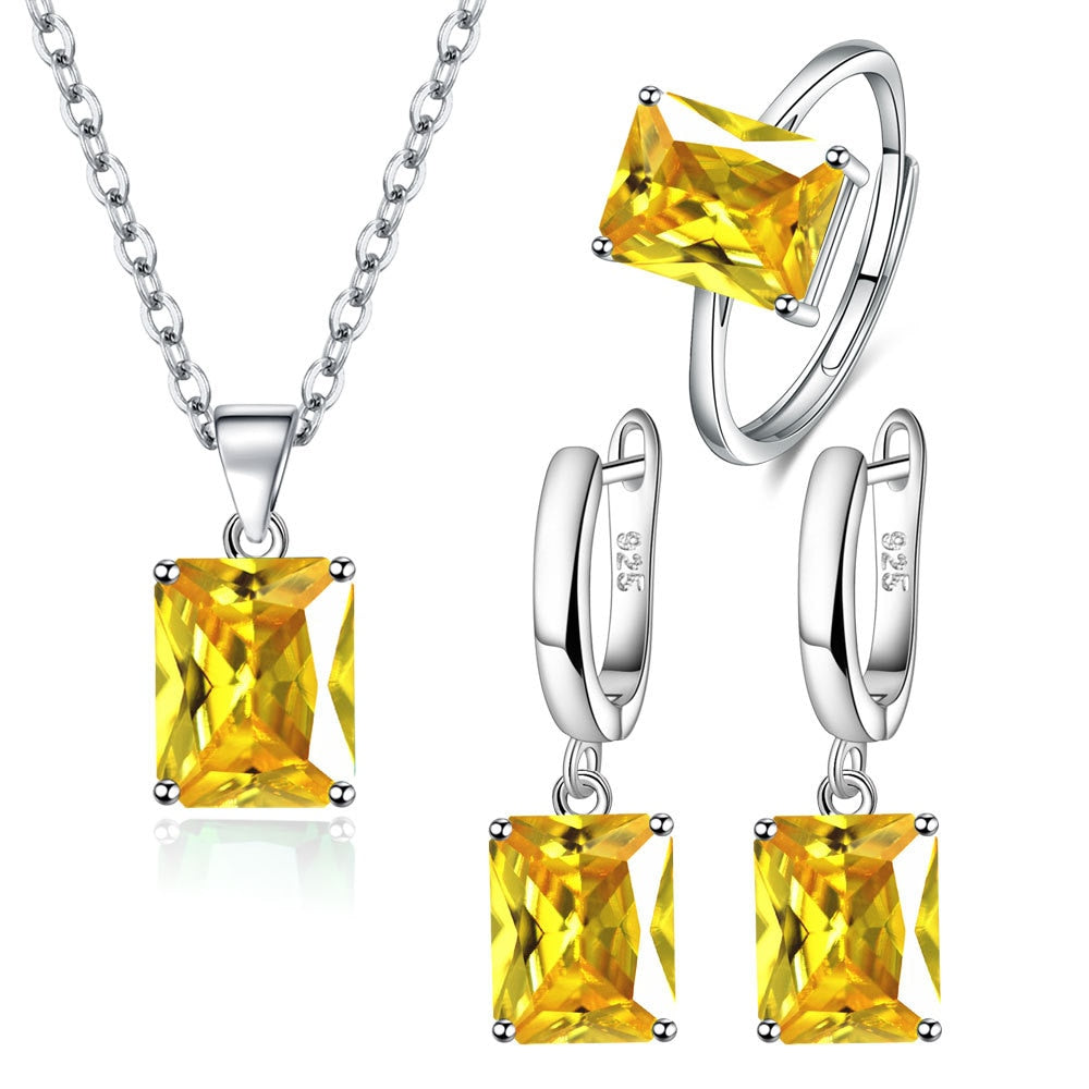 Elegant 925 Sterling Silver Rectangle Geometry Zircon Jewelry Set for Women - Ring, Earrings, and Necklace