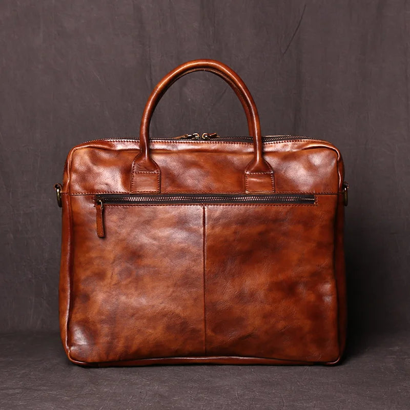 Handcrafted Retro Men's Leather Briefcase Top Layer Cowhide Horizontal Computer Bag