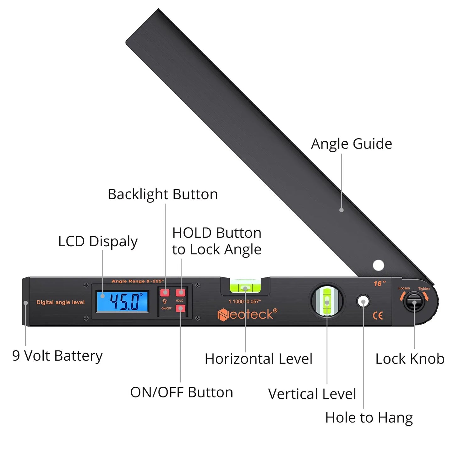 Neoteck 0-225° LCD Digital Protractor and Spirit Level Angle Finder - 400mm Electronic Measurement Tool (Black/Silver)