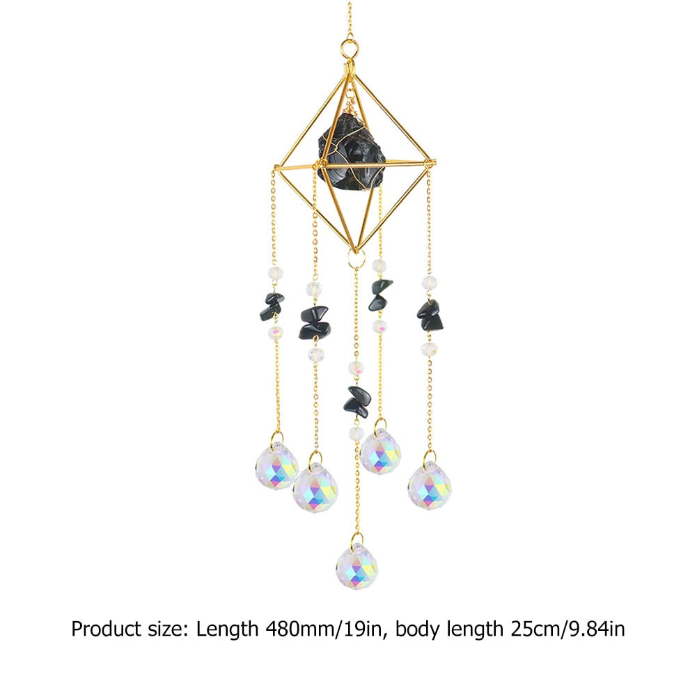 Metal Crystal Wind Chimes - Natural Stone Hexagon Prisms for Radiant Sun Catchers