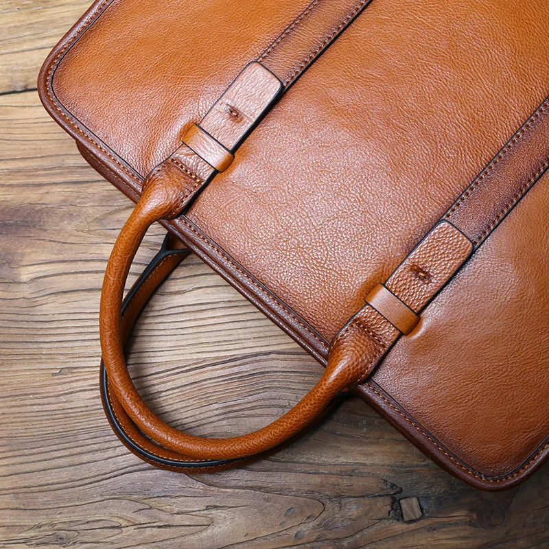 Genuine Leather Men Briefcase Handmade Unique Style Natural Cowhide Vintage Casual Computer Bag Fashion Crossbody Bag For 15 Inch Laptops