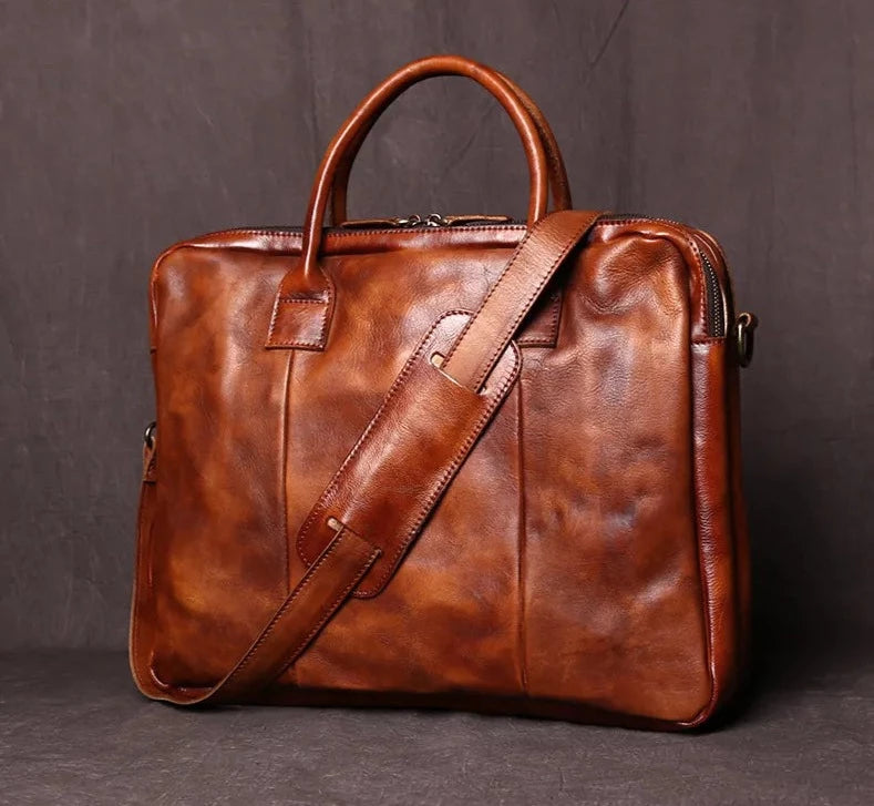 Handcrafted Retro Men's Leather Briefcase Top Layer Cowhide Horizontal Computer Bag