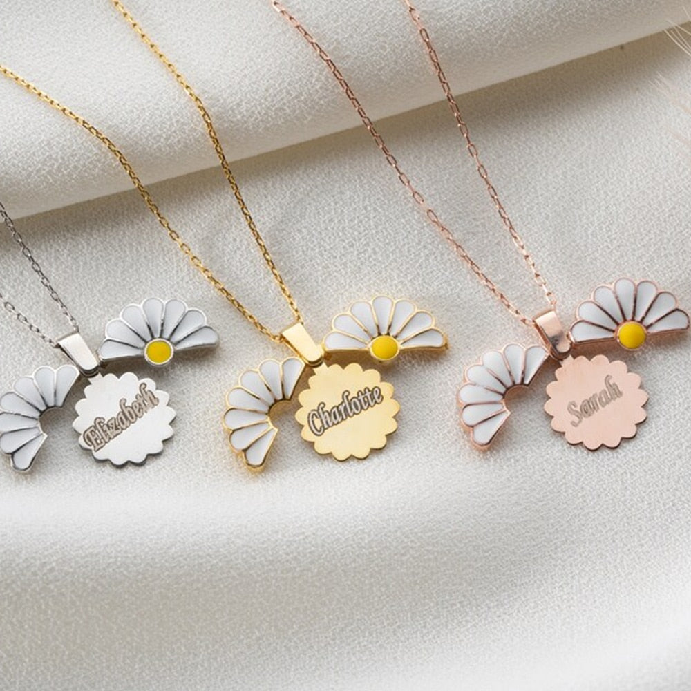 Personalized Daisy Flower Pendant Name Necklace: Custom Engraved Stainless Steel Chain Choker - Thoughtful Gift