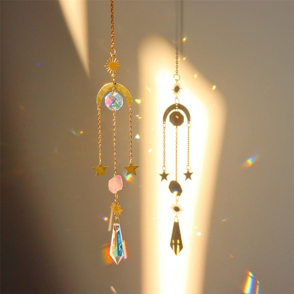 Crystal Sun Catcher Wind Chimes - Star, Moon, and Diamond Prisms for Captivating Rainbow Displays