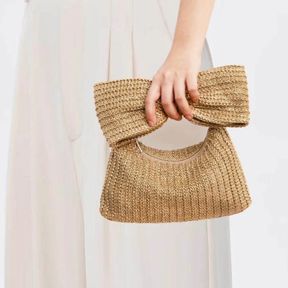 Straw Woven Summer Clutch Bag for Women – Bow Accent, Luxury Design Evening Handbag for Parties, Banquets, and Beach Vacations